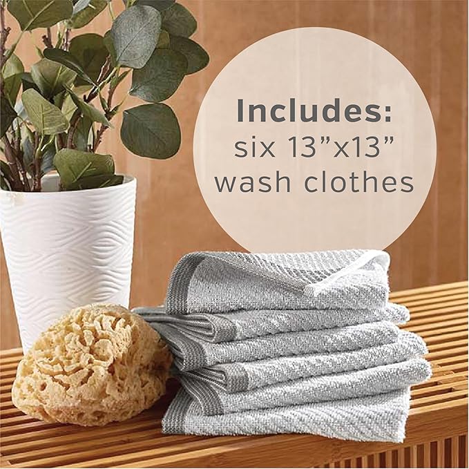 Wellbe 6-Piece Washcloth Set, Quick Dry, Absorbent, Soft, 13” x 13”, White