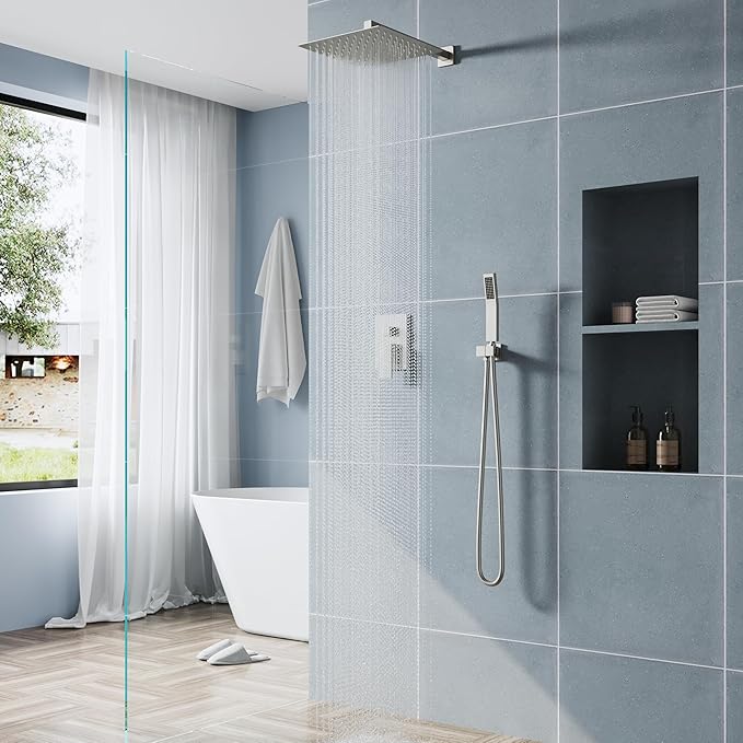 WELLFOR 12-In Wall Mounted Rain Shower Faucet with Single Handle and Handheld Spray, Waterfall Dual Head Shower Head System with 2-way Diverter, Pressure-balanced Valve Included, Brushed Nickel