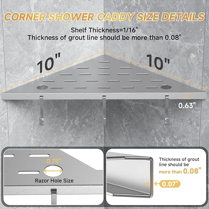 Corner Shower Shelf 10" Silver 304 Stainless Steel Recessed Shelf for Bathroom，Shower Corner Rack with Razor Hole Hook， Grout in Shelf for Tiled Wall, 2 Pack
