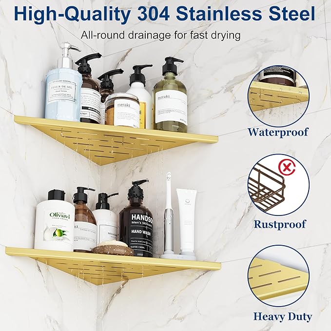 Corner Shower Shelves, 12” Recessed Tile Shower Shelf, 304 Stainless Steel Grout in Corner Tile Shower Shelves, No Drilling, Brushed Golden, 2 Pack