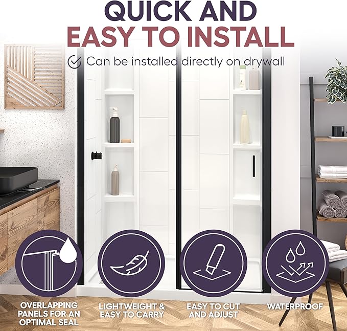 White Acrylic Shower Wall Surround 36"x 60"x 80" - Waterproof, Easy-to-Install, Two Shelf Units Kit Included - Shower Wall Surround Panels - Vertical Pattern, Dynamic Shelves - Noah William Home