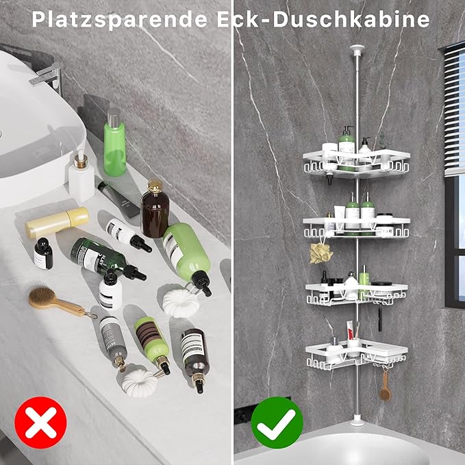 KEGII Corner Shower Caddy Tension Pole - Shower Tension Rod Organizer, Floor to Ceiling Shower Caddy 25-114.2 inch, Bathroom Rack Corner Waterproof, Pure White