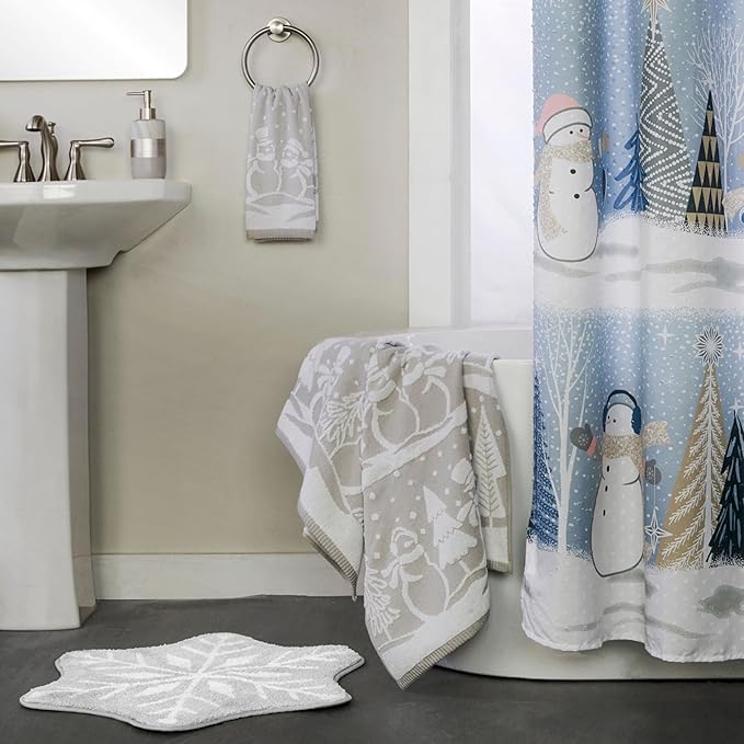 SKL Home Christmas/Winter Scenic Snowmen 100% Cotton Premium Bath Towel, 500 GSM, Soft & Absorbent, Reversible Jacquard, Decorative, Gray