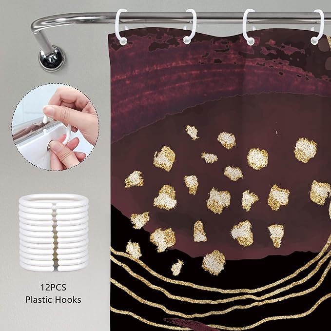 Black Burgundy Boho Shower Curtain 72Wx72H Mid Century Modern Abstract Minimalist Geometric Tropical Palm Leaves Plant Bathroom Decor Gold Arch Bath Curtain Fabric Polyester 12 Pack Hooks