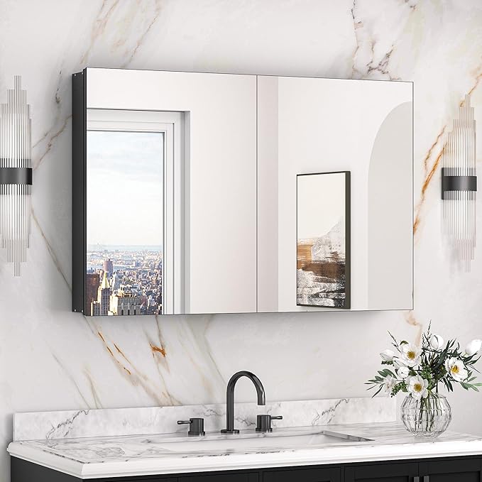 Keonjinn 40 x 26 Inch Medicine Cabinet, Assembly Required, Black Bathroom Medicine Cabinets Mirror, Lightweight, Adjustable Shelves, Surface Mount or Recessed, Tempered Glass