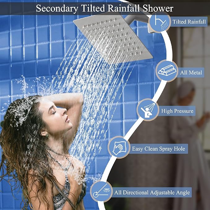 Shower Faucet Set Brushed Nickel Shower System, Knob Switch Diverter Shower Faucet with High Pressure Handheld Spray, Ceiling Mount 10 Inch Shower Head with 6 Inch Wall Mount Shower Head
