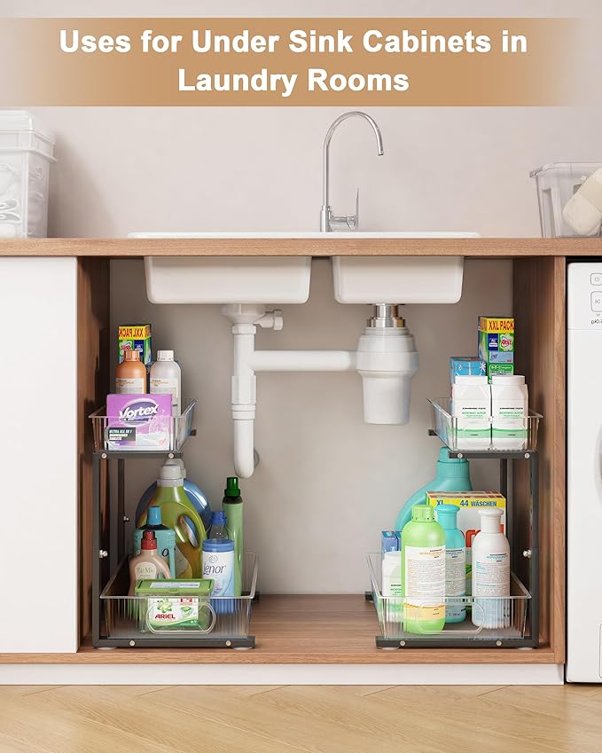 UMDONX Under Sink Organizer 2-Pack Adjustable Bathroom Under Sink Pull-Out Organizer with 5 Adjustable Heights for Kitchen, Bathroom & Laundry Storage
