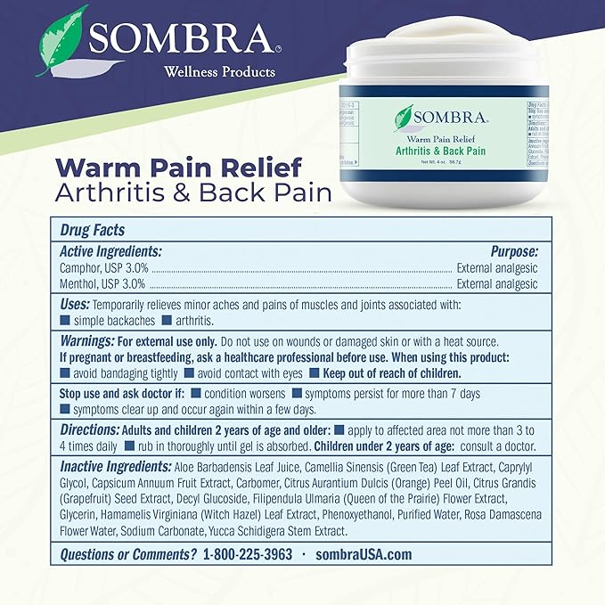 Sombra Warm & Cool Pain Relief Gel, Warm Relief for Arthritis and Chronic Pain Pre-Workout Muscle Rub, Cold for Swelling, Soreness, Post-Workout, Free of Artificial Fragrances, 4oz Per Jar
