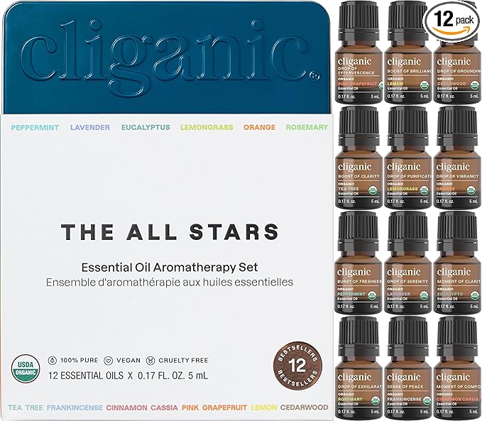 Cliganic Organic Aromatherapy TOP 12 Essential Oils Set, 100% Pure - Peppermint, Lavender, Eucalyptus, Tea Tree, Lemongrass, Rosemary, Frankincense, Orange, Lemon, Cassia, Cedarwood & Grapefruit