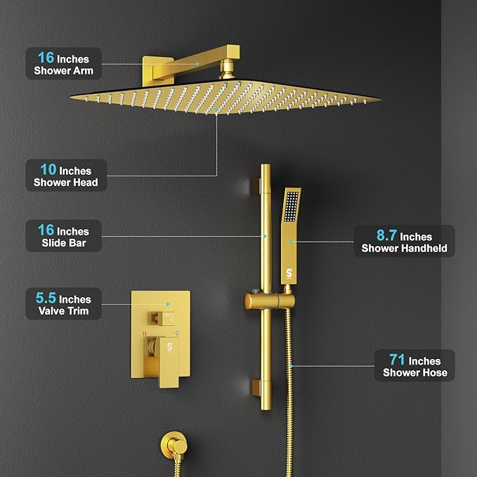SR SUN RISE 12 Inch Brushed Gold Shower Faucet Set, Wall-Mount Adjustable 16-Inch Slide Bar with Square Hand Shower System Included Valve and Trim Kit