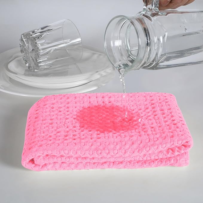 Native Fab 100% Cotton Premium Waffle Kitchen Towels, 4 Pack, 16" x 26", Super Absorbent Reusable Cleaning Cloths, Tea Towels, Machine Washable Hand Towels, Pink