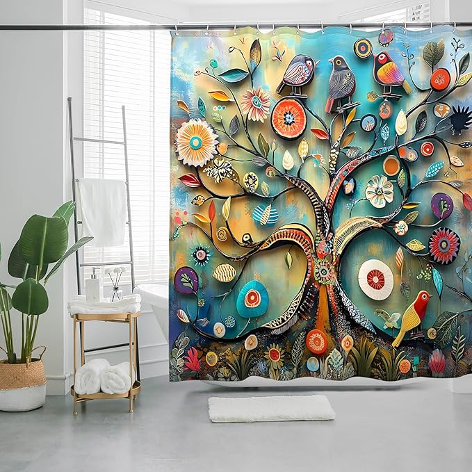 Bohemian Shower Curtain, Boho Floral Print Water Repellent Polyester Fabric for Bathroom Decor, 72×72 Inch Standard Size with 12 Hooks, Also as Room Divider