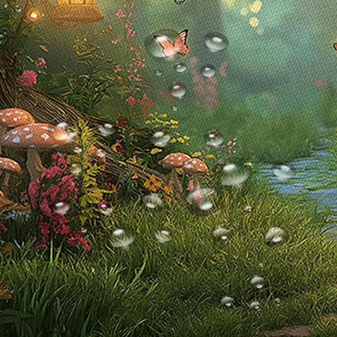 Fantasy Forest Path Shower Curtain Fairy Magical Enchanted Misty Jungle Mushroom Floral Tree Butterfly Lantern Wonderland Plant Bath Curtain Fabric Bathroom Accessories Decor with Hooks 75W x70L