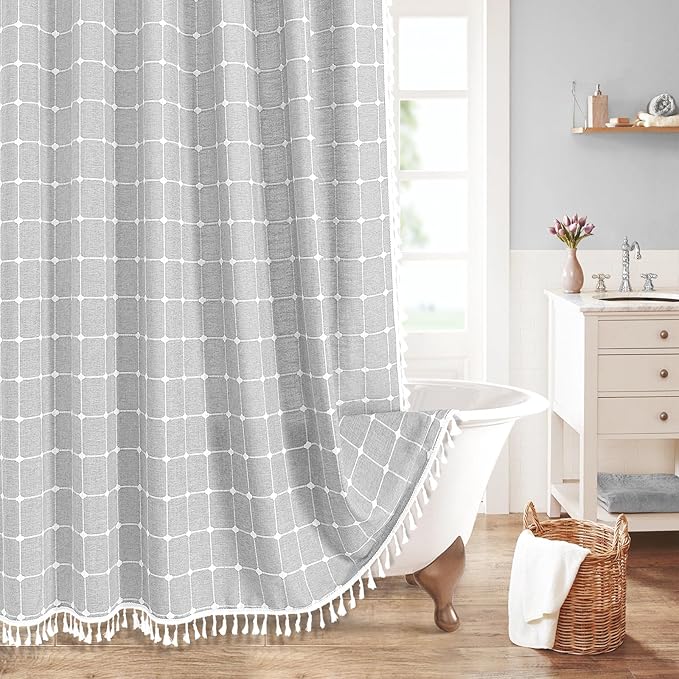 MitoVilla Grey Boho Extra Long Shower Curtain 72 x 84, Light Grey Modern Farmhouse 84 inch XL Polyester Linen Texture Tassel Fabric Shower Curtain Set with Hooks for Cottagecore Country Bathroom Decor