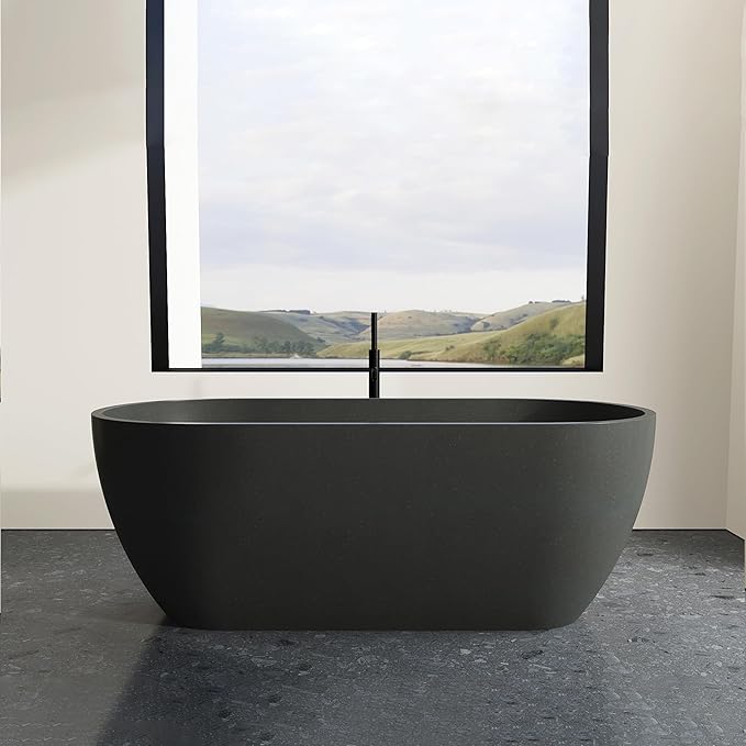 Stone Resin Freestanding Bathtub 63", Terrazzo Bathtub Soaking Tub, Solid Surface Stand Alone Bathtub with Drain & Integrated Slotted Overflow Matte Black AMFS-MY007-BK