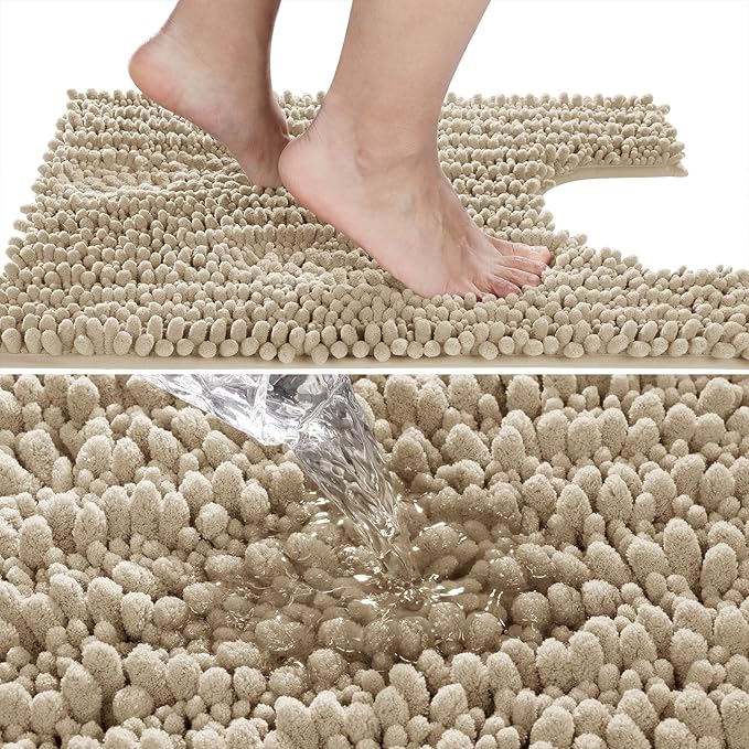 Yimobra Toilet Rug U Shaped Washable 24x24 Inch - Ultra Soft Absorbent Chenille Bath Rugs for Toilet, Quick Dry & Machine Washable, Non Slip Contour Bathroom Mat, Pale Khaki