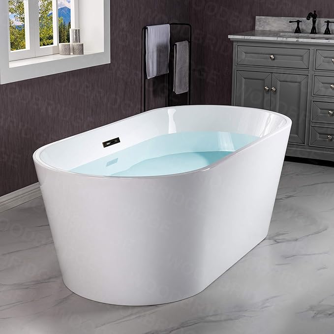WOODBRIDGE 59" Acrylic Freestanding Bathtub Contemporary Soaking Tub, White Acrylic (Oil Rubbed Bronze Drain/Overflow),B0014 ORB Drain &O
