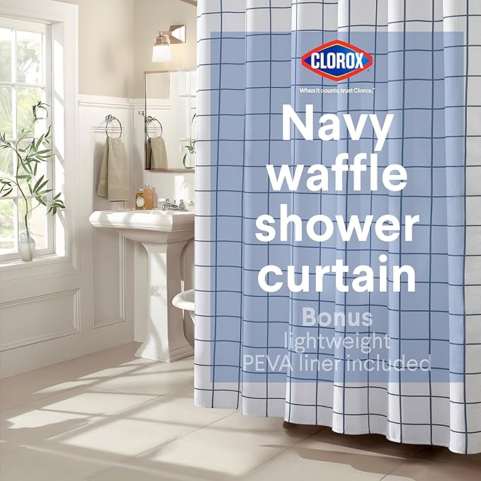 CLOROX Bathroom Waffle Windowpane Pattern Shower Curtain with Waterproof Lightweight PEVA Liner Set, Standard Size, Metal Grommets, No Hooks 72" x 72" - 2 Pc Set - Navy Blue w Frosty PEVA