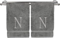 Monogrammed Hand Towel, Personalized Initial Gift, Extra Absorbent 100% Turkish Cotton - Soft Terry Finish - Set of 2 - Silver Block Initial N - Embroidered on Grey Towels