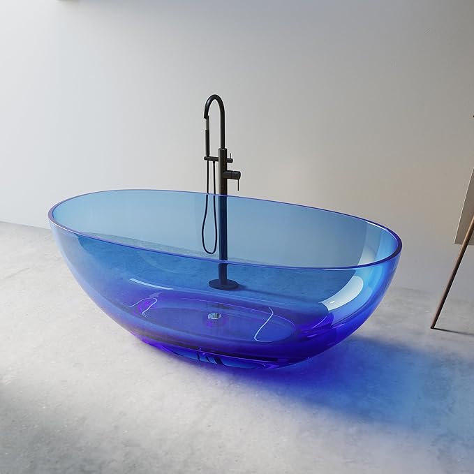 Stone Resin Freestanding Bathtub 61", Elegant Oval Shape Soaking Tub, Solid Surface Stand Alone Bathtub with Drain & Integrated Slotted Overflow Transparent Blue AMFS303-1550-TPBLUE