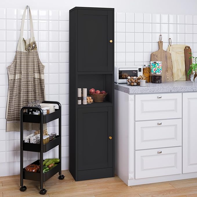 COFaR 67" Tall Metal Bathroom Storage Cabinet,6-Tier Freestanding Linen Tower with 2 Doors,Narrow Slim Metal Locker Storage Cabinet for Small Spaces,Modern,Black