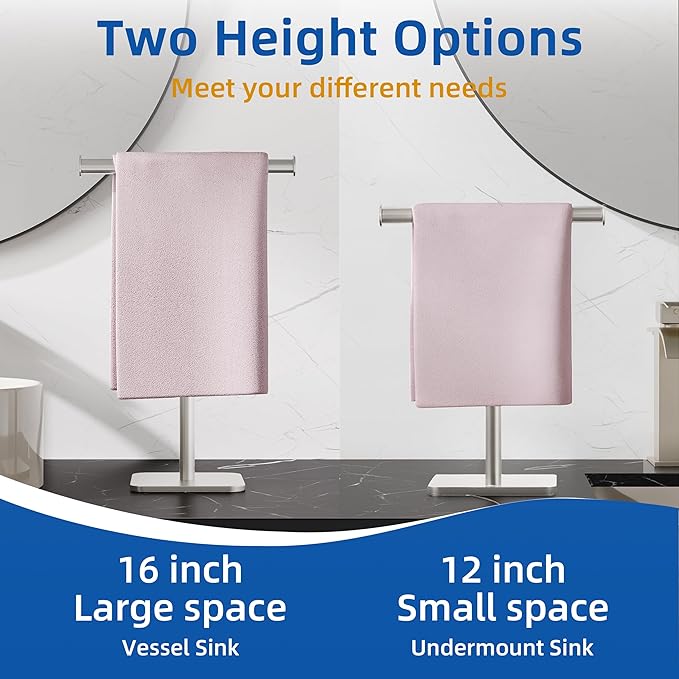 RUACQ T-Shape Hand Towel Holder Stand, Weighted Base Towel Rack, 12" Countertop Towel Holder for Bathroom, 304 Stainless Steel, Heavy Duty (Brushed Nickel, 2 Pack)
