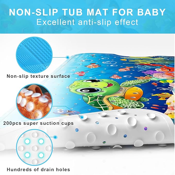 Upgrade Cartoon Baby Bath Mat Non Slip - 40"x16" Extra Long Bathtub Mat for Baby Eco Friendly Durable Bath Mat for Tub Non Slip Kids Tub Mat with Suction Cups, Machine Washable and No Fading, Turtle