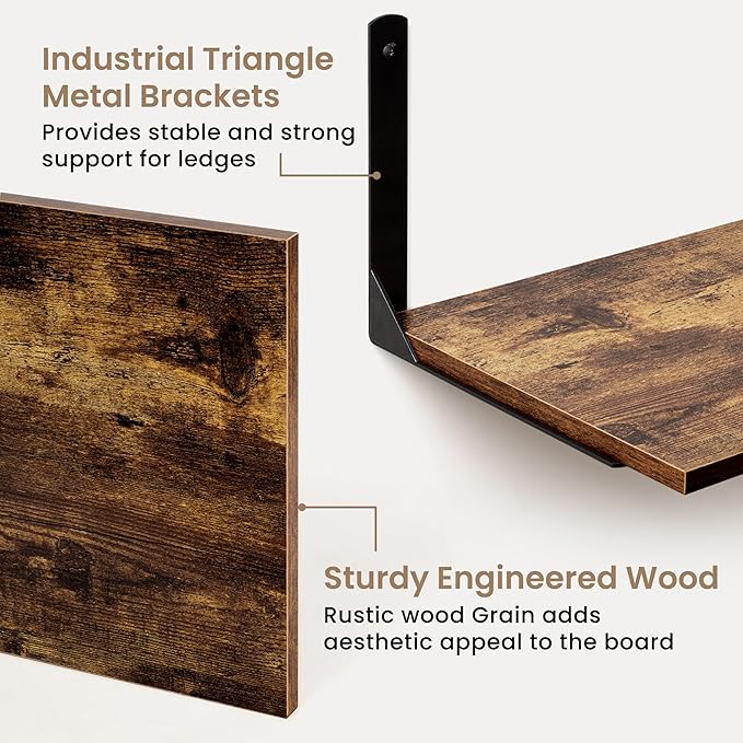 Fun Memories Rustic Brown 12 Inch Deep Floating Shelves Set of 2, Wall Mounted Shelf with Metal Brackets, Rustic Wood Wall Shelf for Bathroom, Kitchen and Living Room, Rustic Brown, 16W x 12D