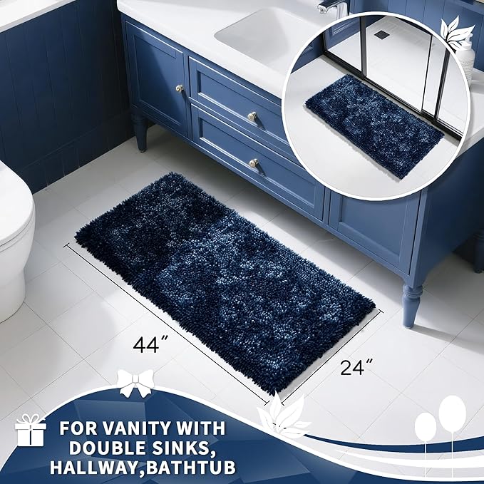 Yimobra Long Bathroom Rug Non Slip 44x24 Inch, Extra Thick Soft Absorbent Chenille Bath Mat, Machine Washable Quick Dry Bath Rugs for Bathroom Floor, Tub and Shower, Home Decor Accessories, Navy Blue