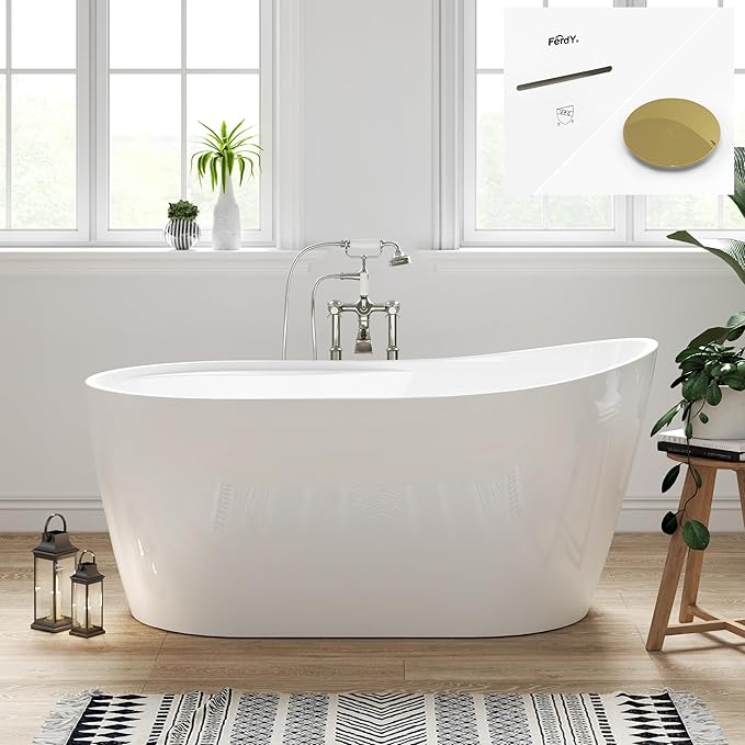 FerdY Lana'i 60" Freestanding Bathtub, Gracefully Shaped Freestanding Soaking tub, cUPC Certified, Polished Gold Drain Assembly Included