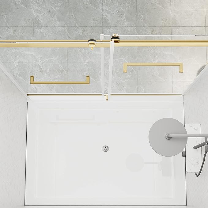 DELAVIN 56"-60" W x 75" H Frameless Shower Door, Double Sliding Shower Door, Glass Shower Door with 5/16" (8mm) Clear SGCC Tempered Glass, Explosion-Proof Film, Stainless Steel Hardware, Gold