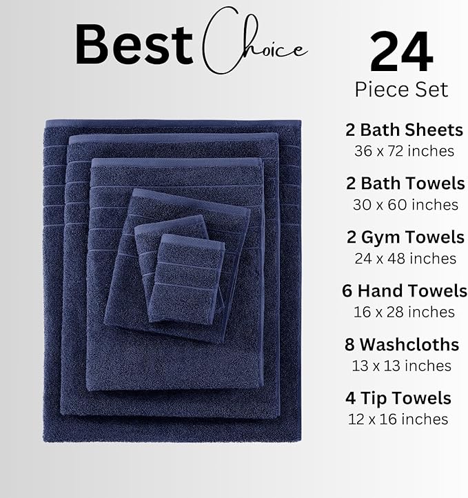 Casa Platino 100% Mercerized Cotton Towels for Bathroom - 24 Pc - Ringspun, Soft & Absorbent - 2 Bath Sheets, 2 Gym, 2 Bath, 4 Fingertip, 6 Hand Towels, 8 Washcloth - Sustainably Produced - Navy Blue