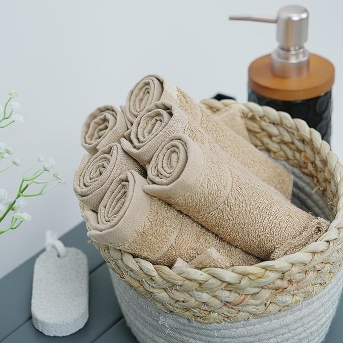 Tens Towels Pack of 24 Washcloths, 12 x 12 Inches, Lighter Weight, Quick to Dry, Super Soft & Absorbent, Gentle Face Towels, Hotel Quality, Perfect for Bathroom, Gym, Spa (Beige, 24 Pack)