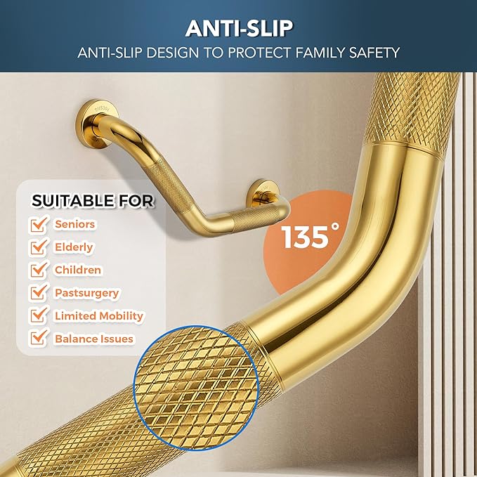Grab Bars for Bathtubs and Showers- 1-1/4 x 16 Angled Shower Grab Bar for Seniors Knurled Stainless Steel Handicap Grab Bars for Wall (Gold, 2 Pack)