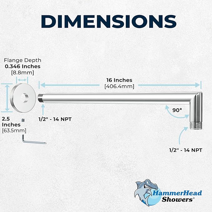 HammerHead Showers® Solid Metal 16 Inch Extended Shower Arm and Flange with Set Screw, Long Shower Arm, Extends Rain Shower Overhead, Wall-Mounted Rain Shower Arm, Chrome