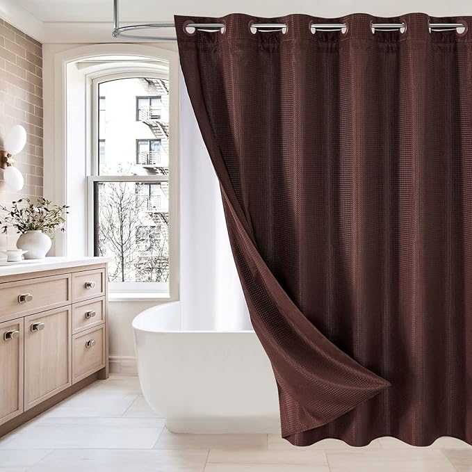 MitoVilla No Hooks Required Extra Long Shower Curtain Liner Set, 86 inch XL Brown Waffle Heavyweight Fabric Cloth Shower Curtains Set with Snap-in Liner for Modern Luxury Hotel & Spa Bathroom Decor