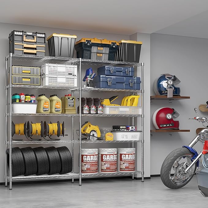 5 Tier Storage Racks Shelving, Heavy Steel Pantry Shelves, Adjustable Wire Shelving Rack, Suitable for Garage, Kitchens, Offices, 58" W x 14" D x 71" H, Chrome