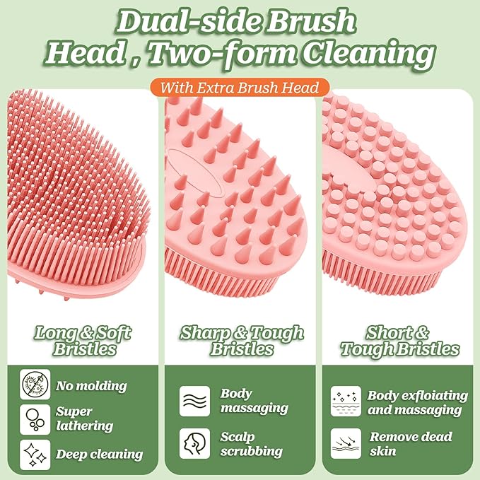 Silicone Back Scrubber, Soft Silicone Loofah with Handle, Gentle Exfoliating Back Scrubber, Back Brush Bath Brush with Two Dual-Side & Detachable Brush Heads(Black-Two Heads)