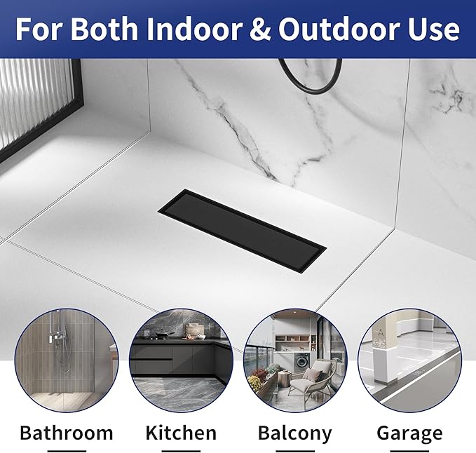 Linear Shower Drain 12", Matte Black Floor Drain with Tiled Insert Grate & Hair Strainer, 304 Stainless Steel Bathroom 2-in-1 Tiled in Drain, CUPC Certified (Matte Black, 12'')