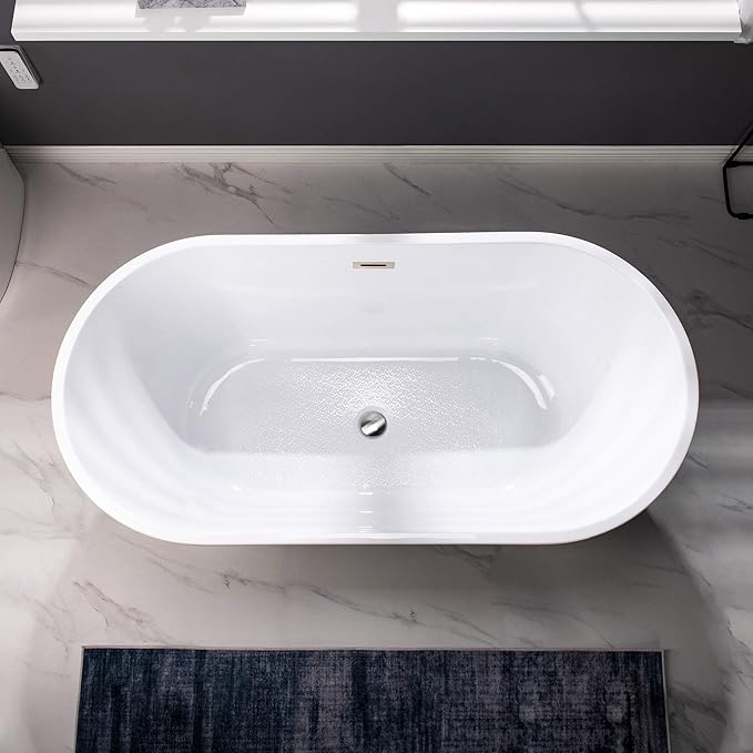 WOODBRIDGE 59" Acrylic Freestanding Bathtub Contemporary Soaking White Tub with Brushed Nickel Overflow and Drain,B0014 -B/N-Drain &O