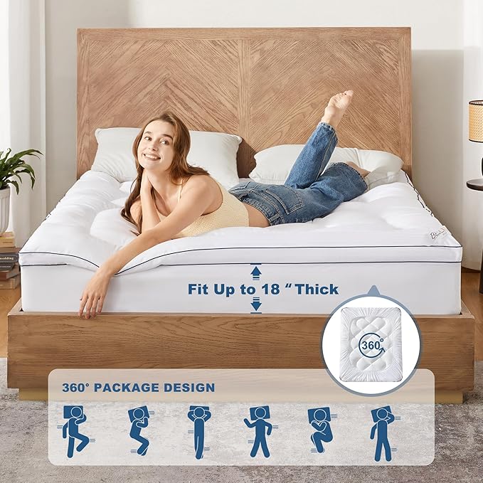 BEDLORE King Mattress Topper, Thick Pillow Top Pad for Back Pain Relief, Cooling Soft Mattress Cover with Deep Pockets 6-18 inch