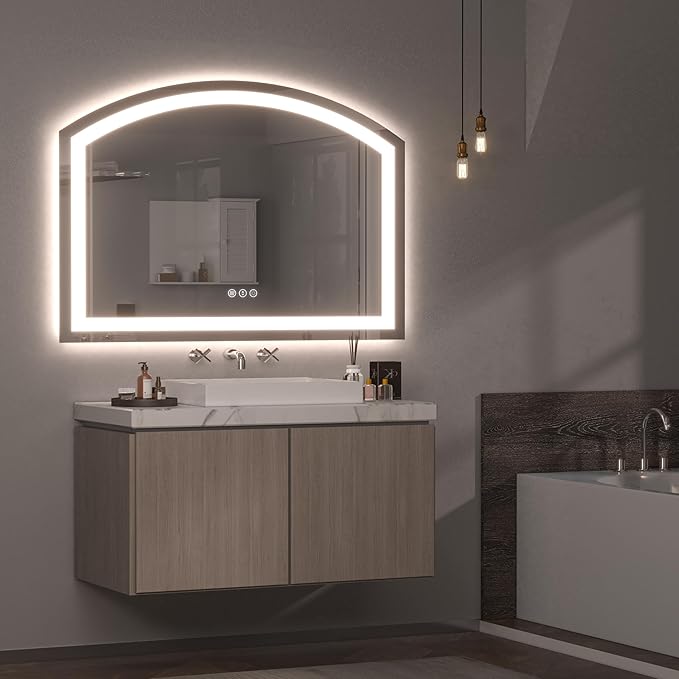 Hasipu 36" x 28" Arch LED Bathroom Mirror, Frontlit Wall-Mounted Vanity Mirror with Lights, Defogging, Smart Touch, Dimmable 3 Color Modes, Safety Shatterproof Glass Coating