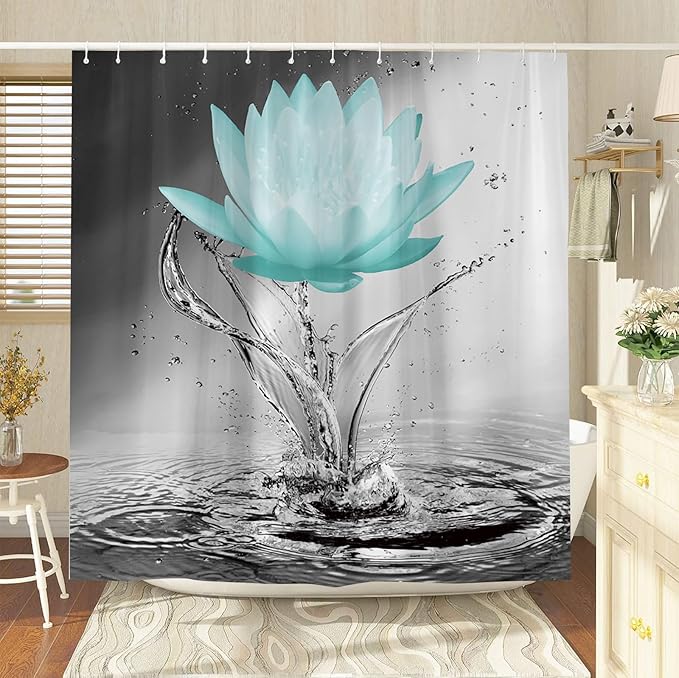 Lotus Shower Curtain Black White Grey Teal Flower Elegant Blooming Floral with Dew Spring Flower Reflection on Water Modern Romantic Polyester Fabric Bathroom Decor 108×70 Inch with Hook