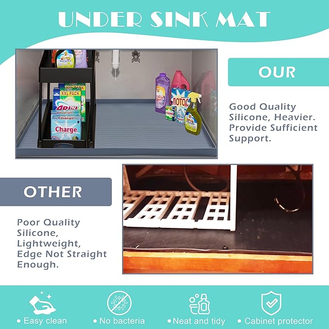 URMONA Waterproof Silicone Under Sink Mat 34'' x 22'' Shelf Liner for Kitchen and Bathroom, Cabinet and Counter Protector, Storage and Organizers, Litter Mat, Pet Cat Puppy Essentials(Khaki)