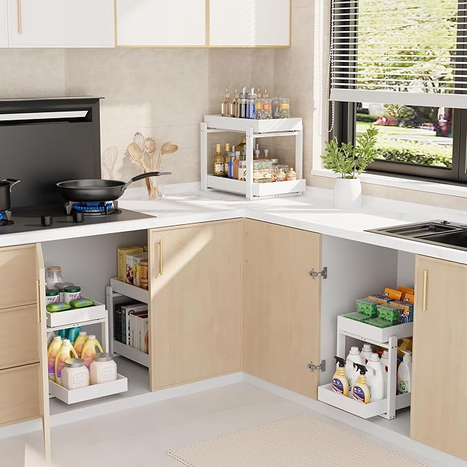 Bamboo Wood Under Sink Organizer 1 Pack, Pull Out Cabinet Organizer 2 Tier Under Sink Organizers and Storage with Sliding Drawer Sturdy Easy Assembly for Kitchen Bathroom Undersink (White, 1 Pack)