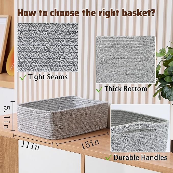Large Shallow Organizing Baskets 15x11x5.1 Inches - Rope Woven Storage Bins for Bathroom, Shelves, Cube Closet, Mixed Grey 4 Packs