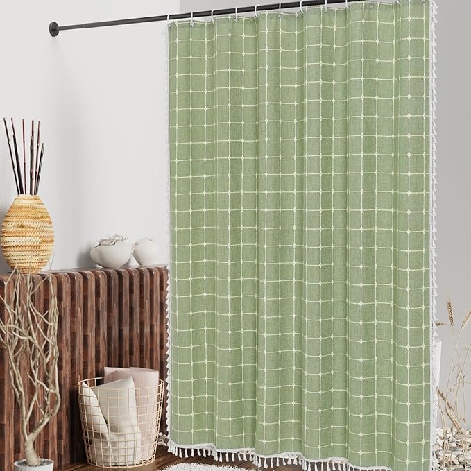 MitoVilla Boho Small Stall Shower Curtain 36 x 72, Sage Green Half Size Narrow Polyester Linen Tassel Cloth Fabric Shower Curtains for Chic Modern Farmhouse Country Bathroom Decor