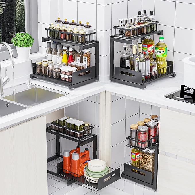 2 Pack Under Sink Organizer, Heavy Duty Metal Slide Out Sink Shelf Organizer Height Adjustable, Multi-Purpose Storage Shelf for Kitchen Bathroom (Black,2Pack)