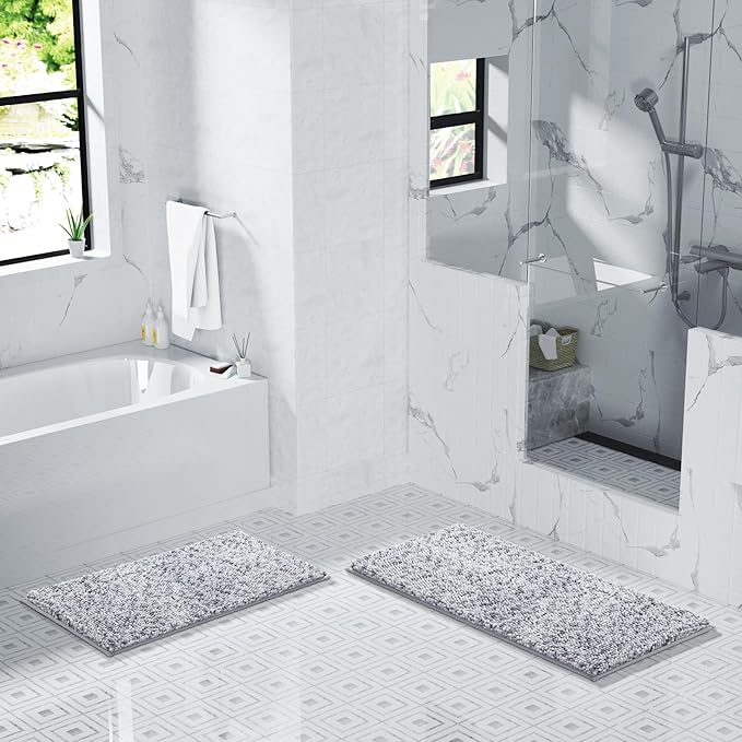 Yimobra Luxury Bathroom Rugs, 47x24, Extra Soft Chenille Mats for Bathroom Non Slip, Fluffy Long Matts for Tub, Plush Shaggy Carpet Runner, Water Absorbent, Machine Washable, Light Grey & Dark Grey