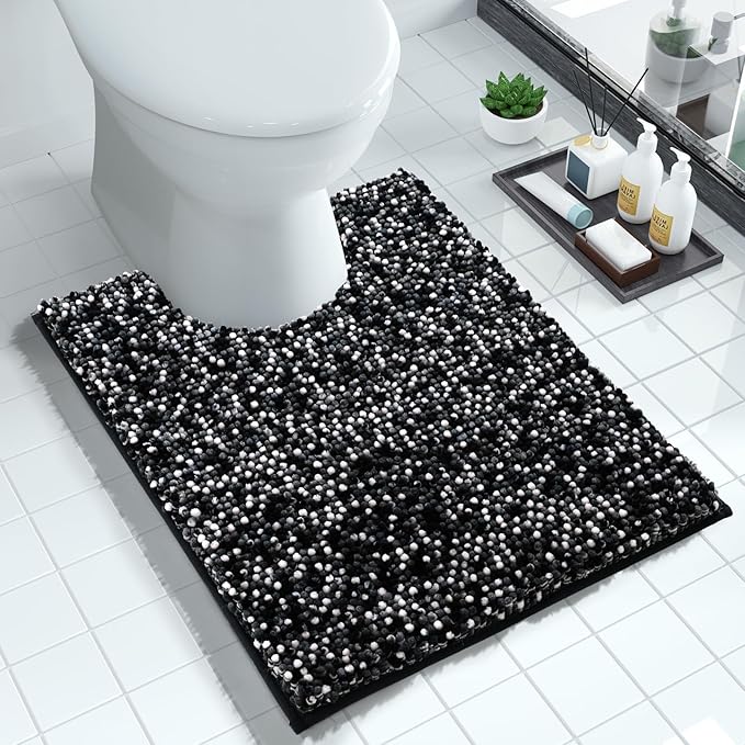 Yimobra Luxury Chenille U-Shaped Toilet Rug, Super Soft Shaggy Contour Bath Mat for Bathroom Floor, Fluffy, Water Absorbent, Non Slip, Machine Washable, Dry Quickly, 24''x 20'', Black & Dark Grey